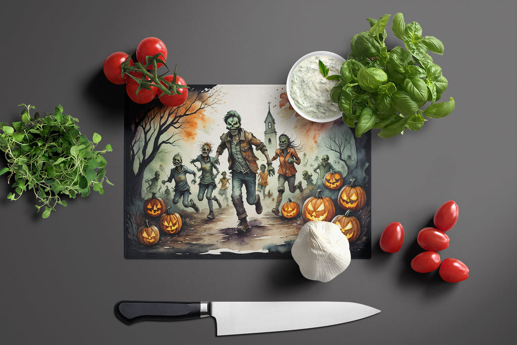 Zombies Spooky Halloween Cutting Board Tempered Glass Kitchen Cutting Surface, Heat Resistant Chopping, Non-Slip Feet, Food Prep & Serving