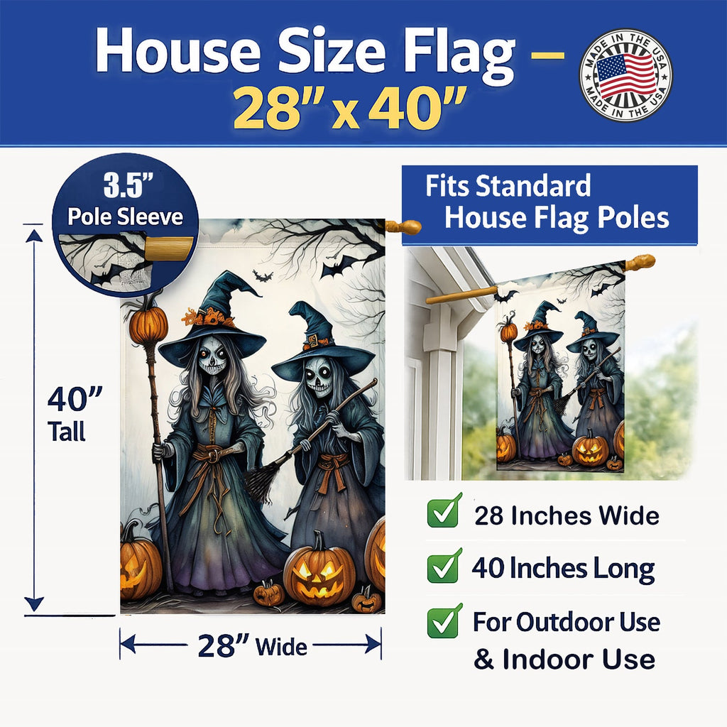 Witches Spooky Halloween House Flag 28x40 Porch Sleeve Pole Decorative Outside Yard Banner Artwork Wall Hanging, Polyester