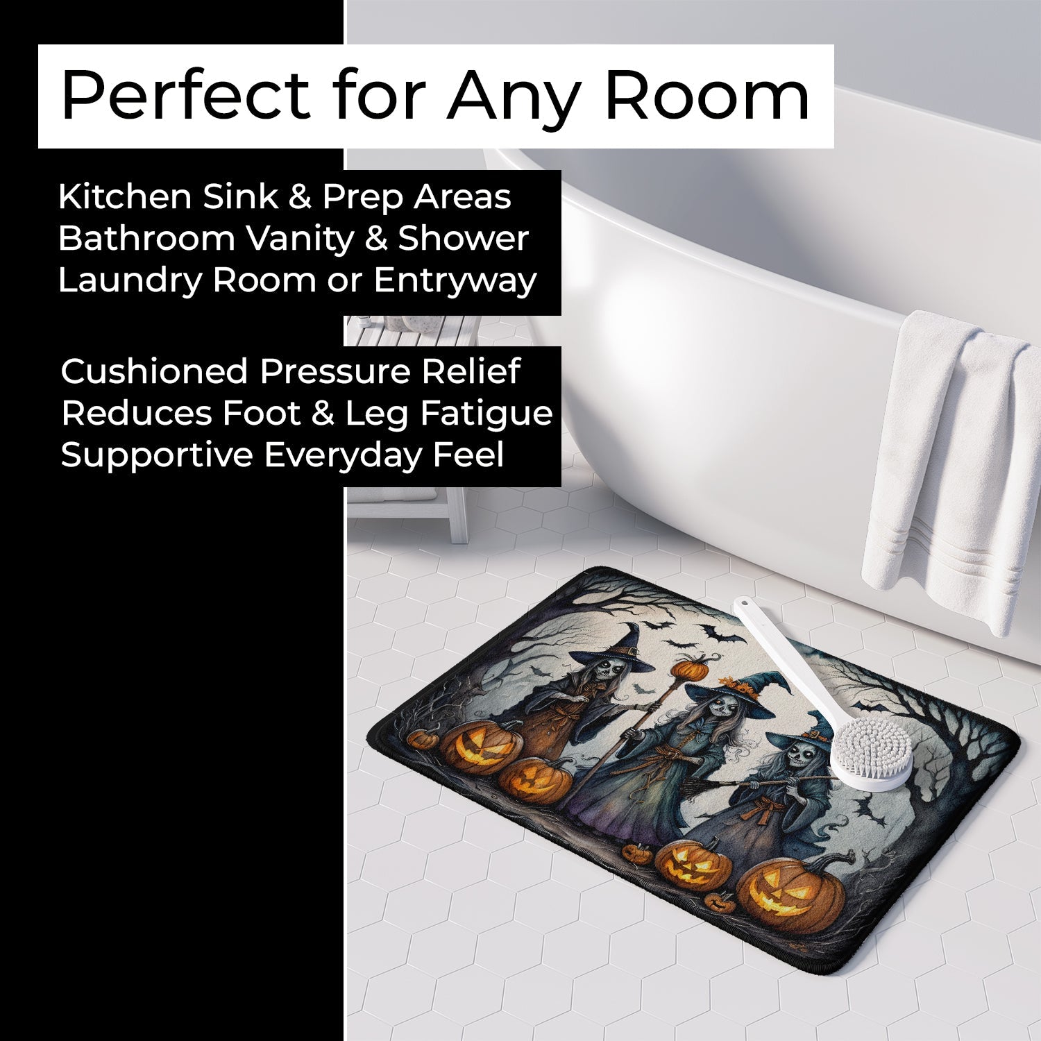 Witches Spooky Halloween Memory Foam Kitchen Mat Machine Washable Anti-Fatigue Cushion Comfort Bath or Kitchen Rug
