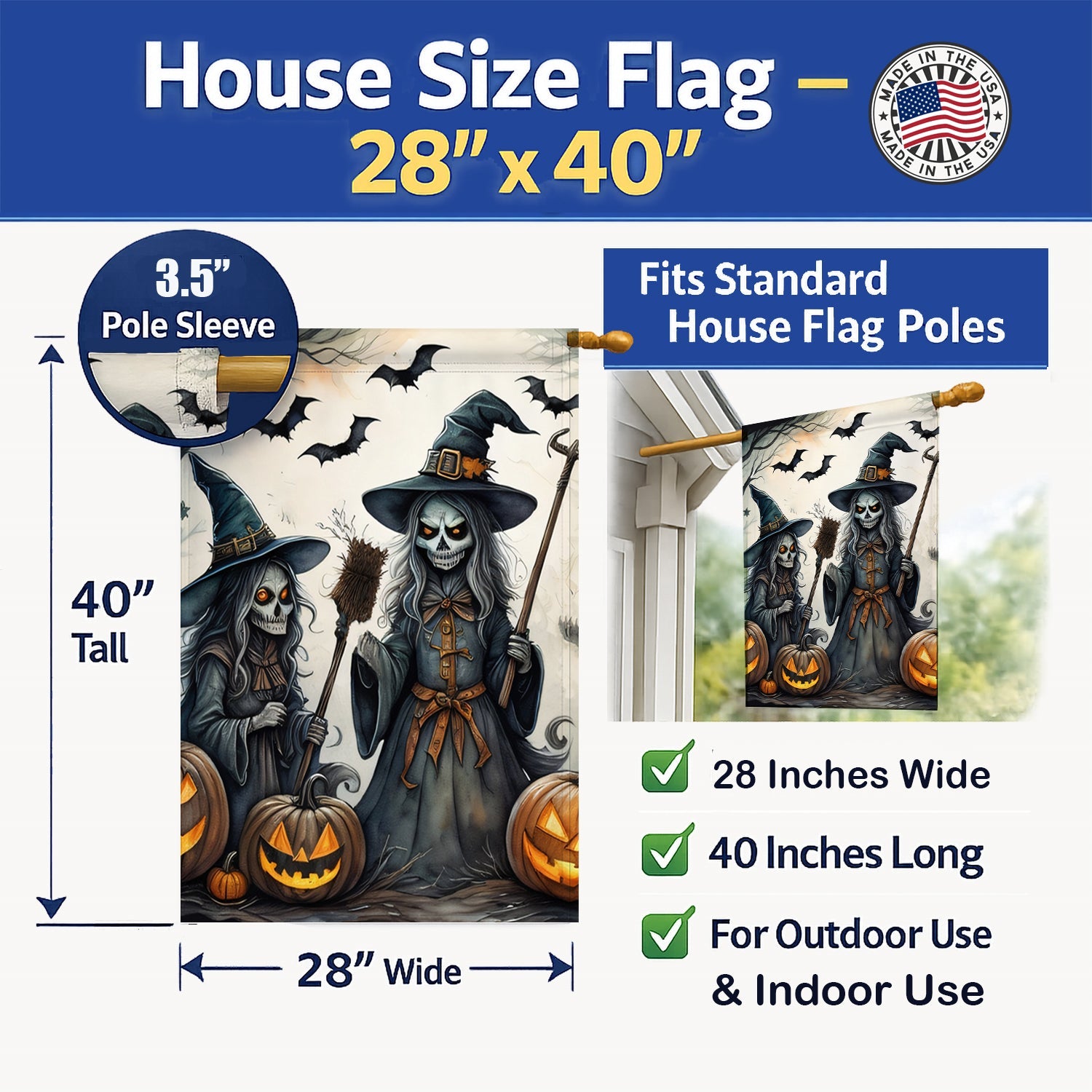 Witches Spooky Halloween House Flag 28x40 Porch Sleeve Pole Decorative Outside Yard Banner Artwork Wall Hanging, Polyester