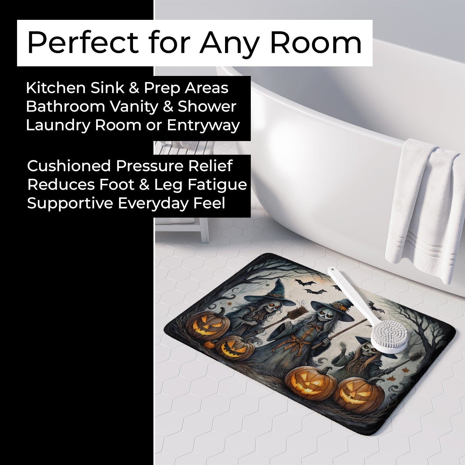 Witches Spooky Halloween Memory Foam Kitchen Mat Machine Washable Anti-Fatigue Cushion Comfort Bath or Kitchen Rug