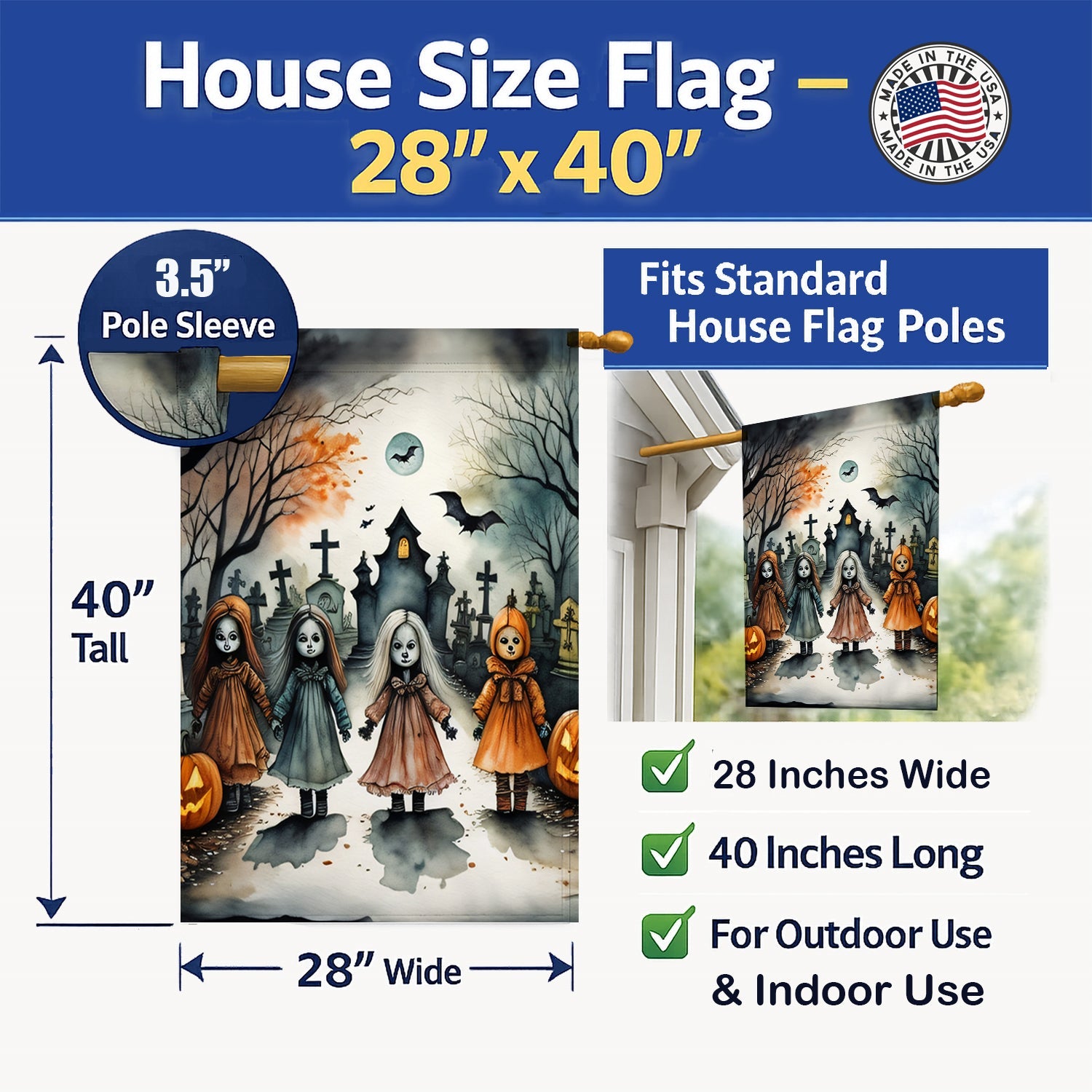 Creepy Dolls Spooky Halloween House Flag 28x40 Porch Sleeve Pole Decorative Outside Yard Banner Artwork Wall Hanging, Polyester