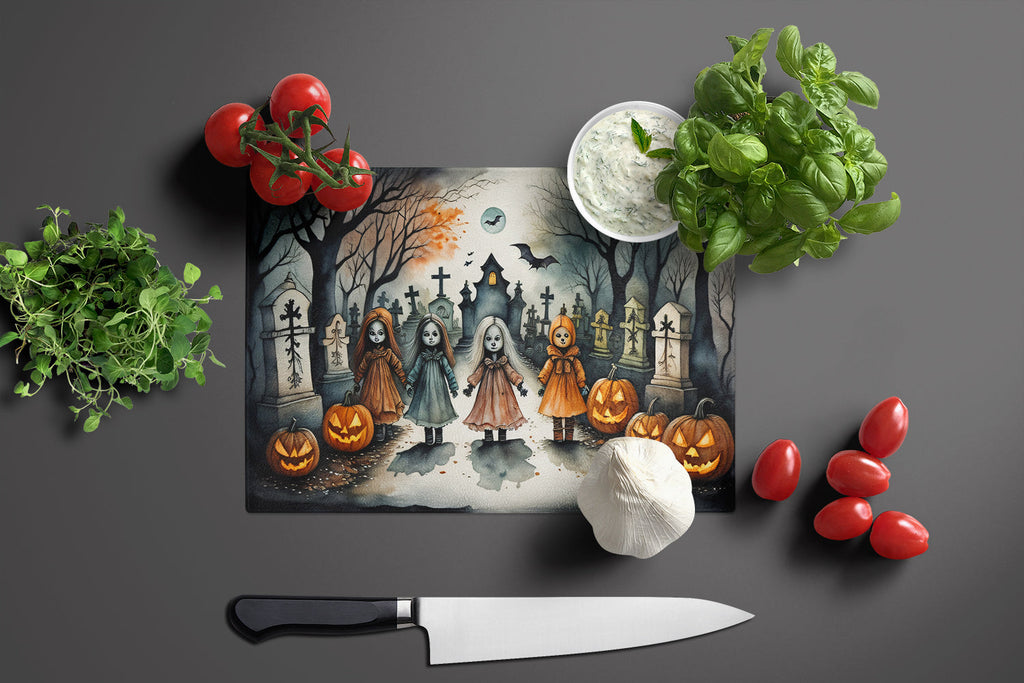 Creepy Dolls Spooky Halloween Cutting Board Tempered Glass Kitchen Cutting Surface, Heat Resistant Chopping, Non-Slip Feet, Food Prep & Serving