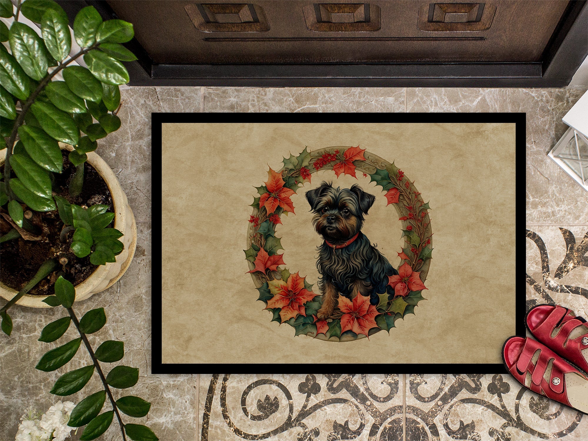 Affenpinscher Christmas Flowers Doormat Indoor Outdoor 24H X 36W Front Door Mat Rugs for Entryway, Non Slip Washable Low Pile,