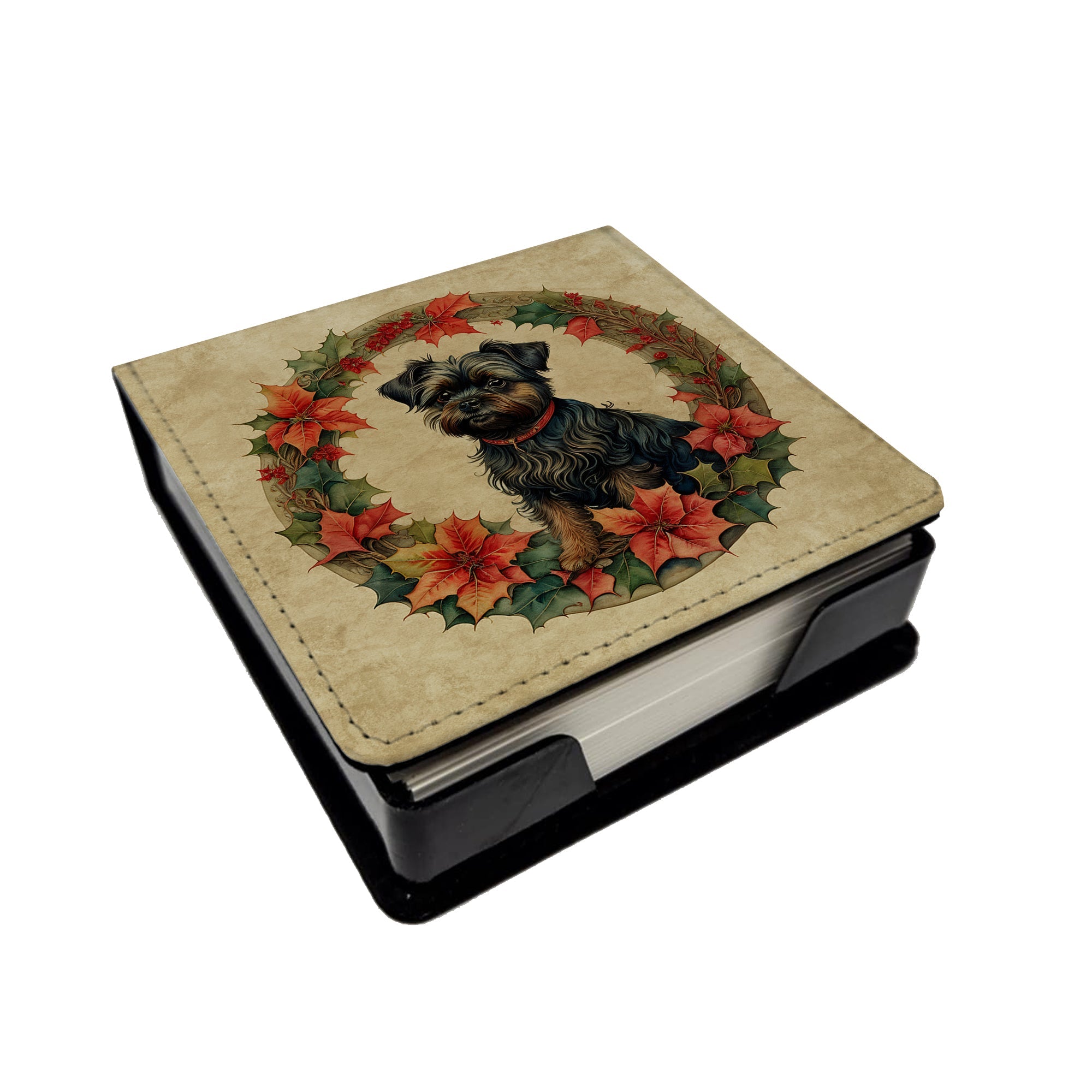 Affenpinscher Christmas Flowers PU Leather Note Paper Holder with Artist-Designed Cover, Desk Accessory, Office Gift