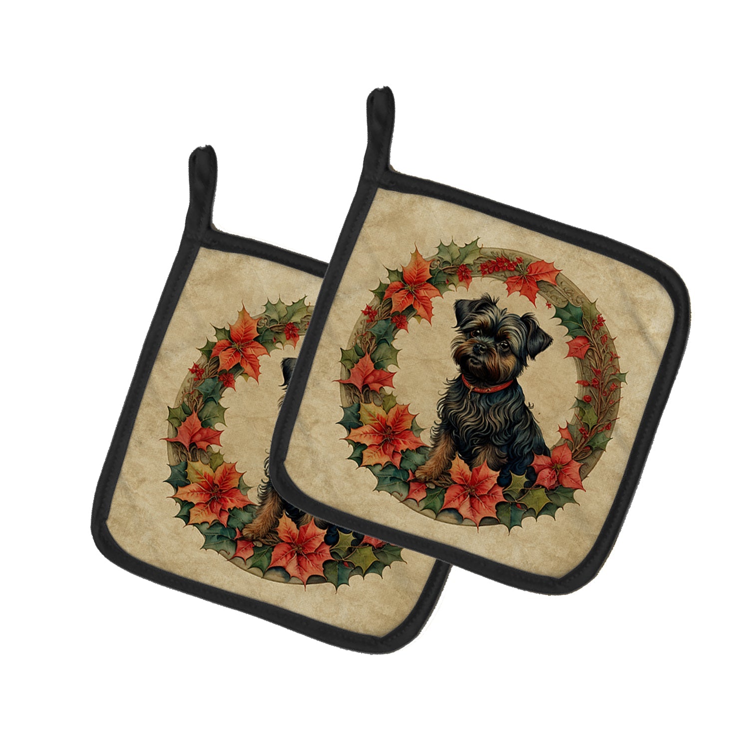 Affenpinscher Christmas Flowers Pot Holder Set of 2 Heat Resistant Quilted Hot Pads 7.5 x 7.5 Inch, Insulated Kitchen Trivets for Cooking & Baking