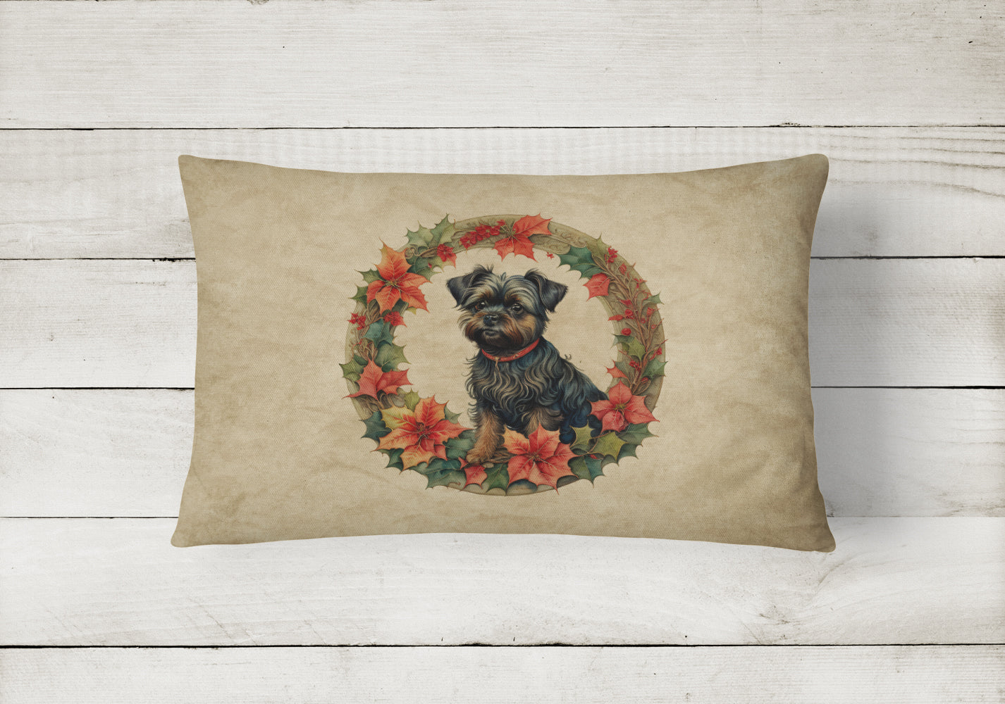 Affenpinscher Christmas Flowers Decorative Throw Pillow 12x16 Indoor Outdoor Accent Cushion, Fabric Cover with Insert for Sofa, Bed, Porch & Living Room