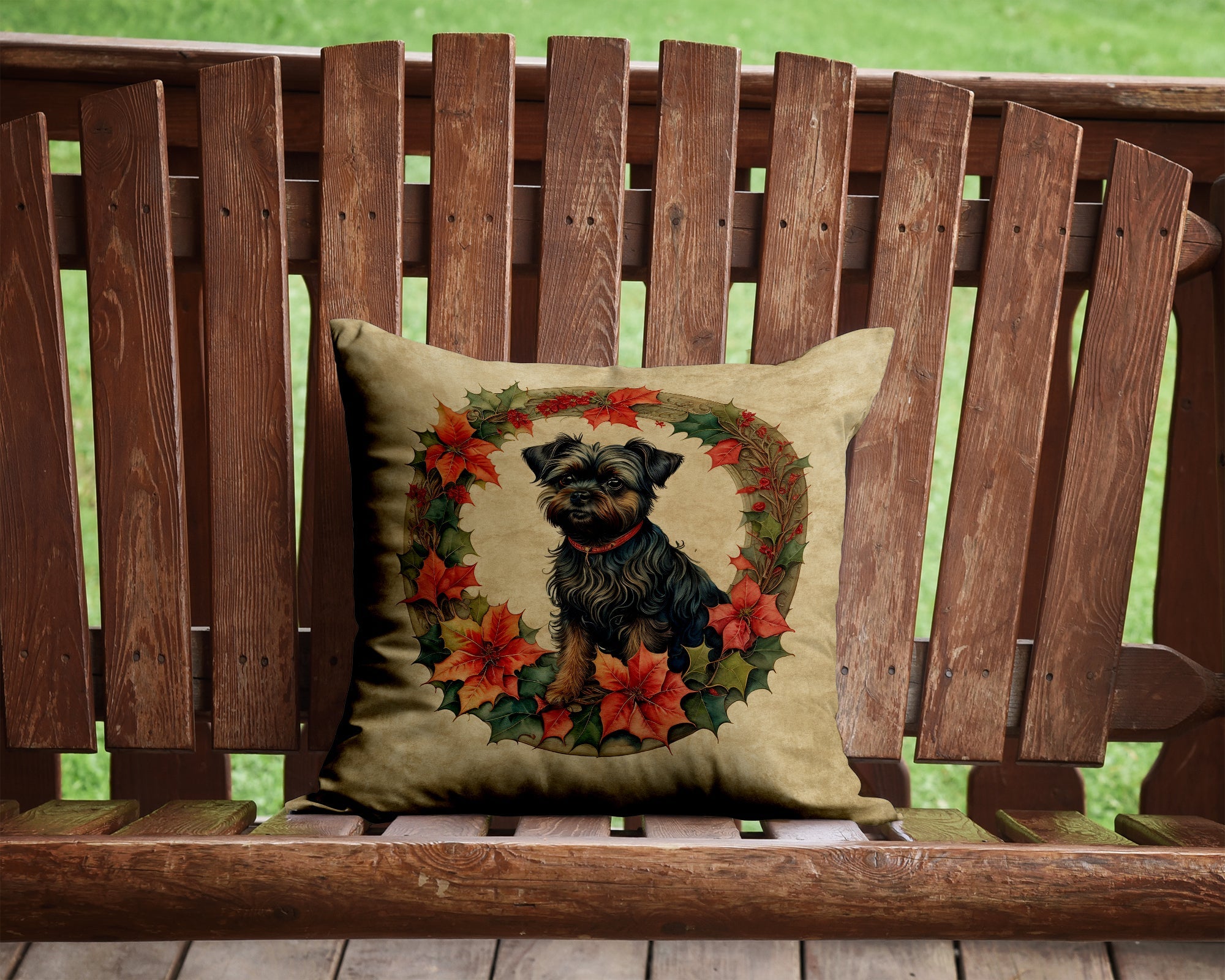 Affenpinscher Christmas Flowers Decorative Throw Pillow 14x14 Indoor Outdoor Accent Cushion, Fabric Cover with Insert for Sofa, Bed, Porch & Living Room