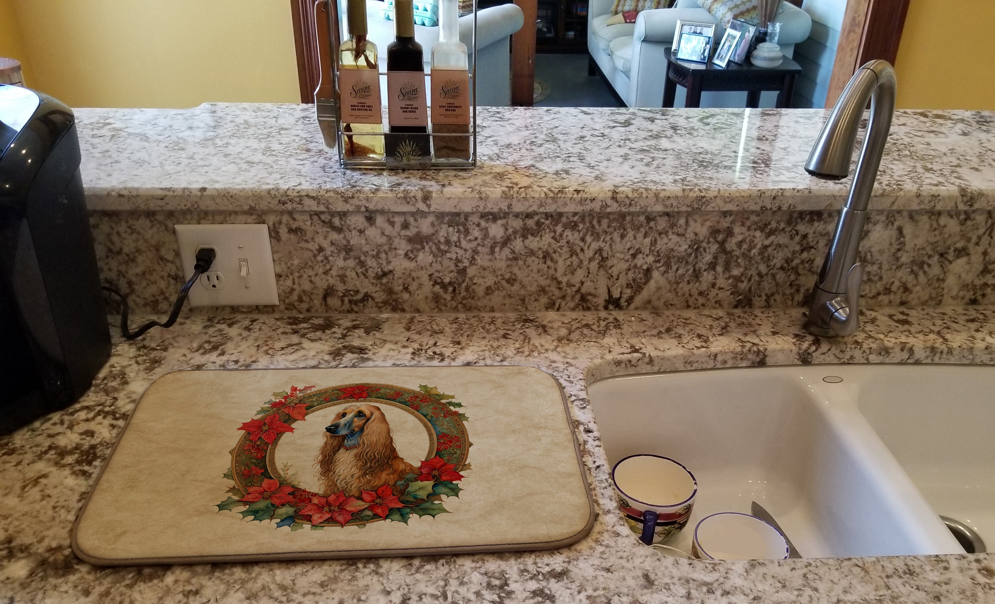 Afghan Hound Christmas Flowers Dish Drying Mat Absorbent Dish Drying Mat Pad for Kitchen Counter Dish Drainer Mat for Countertop, 14 x 21", Multicolor