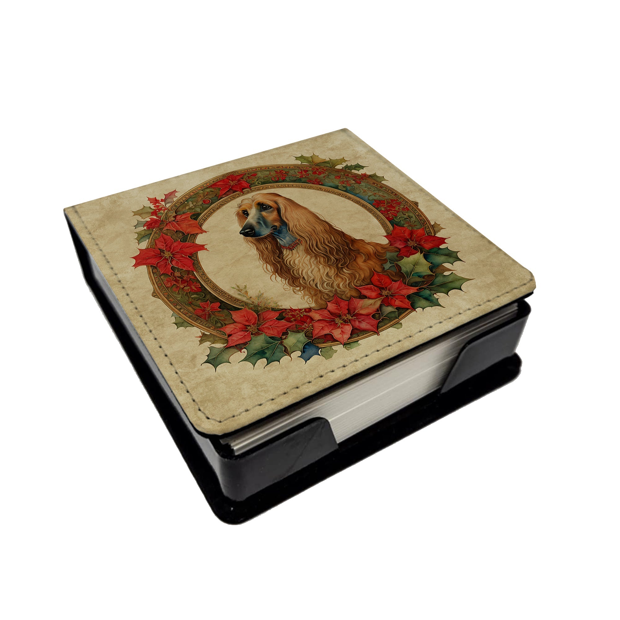 Afghan Hound Christmas Flowers PU Leather Note Paper Holder with Artist-Designed Cover, Desk Accessory, Office Gift