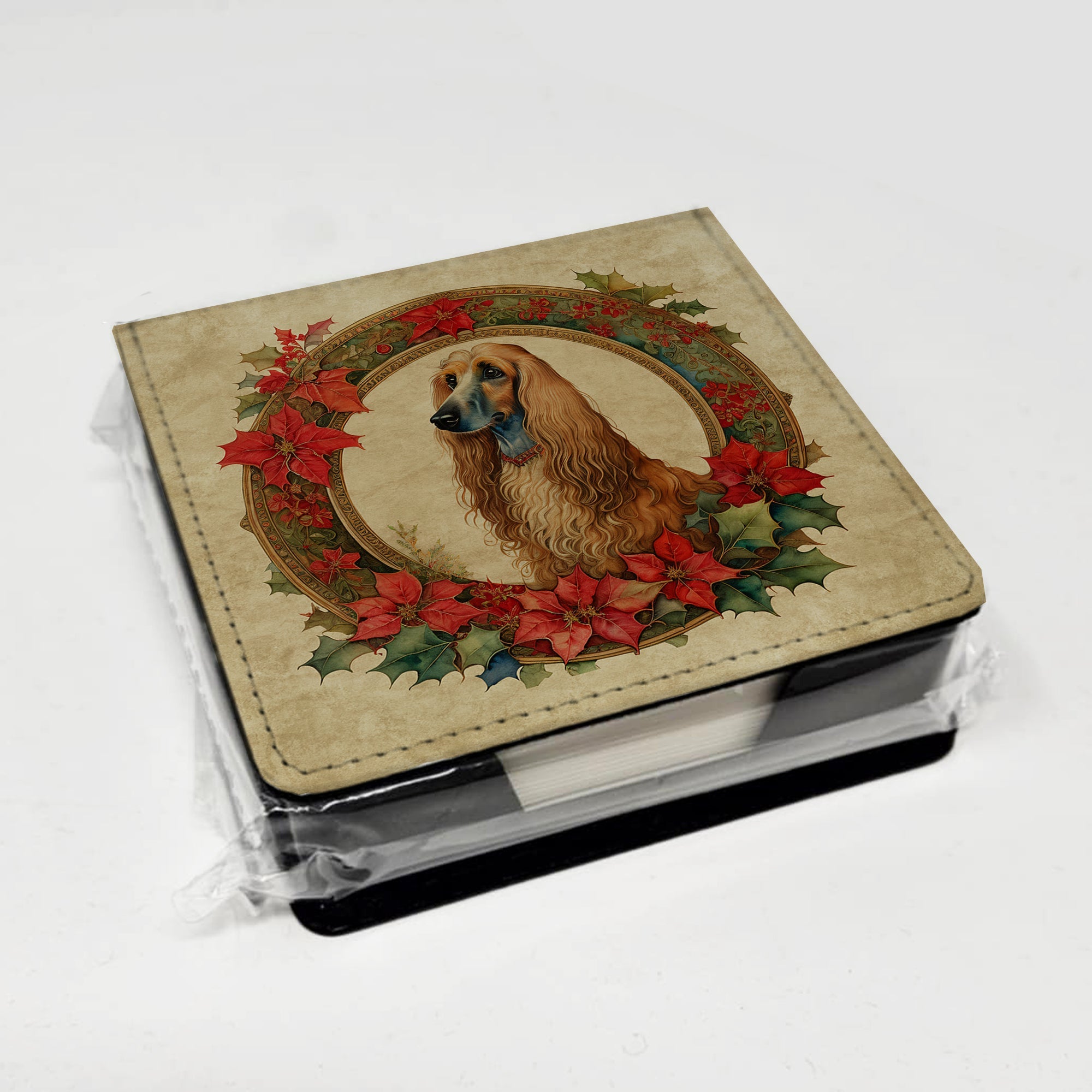 Afghan Hound Christmas Flowers PU Leather Note Paper Holder with Artist-Designed Cover, Desk Accessory, Office Gift