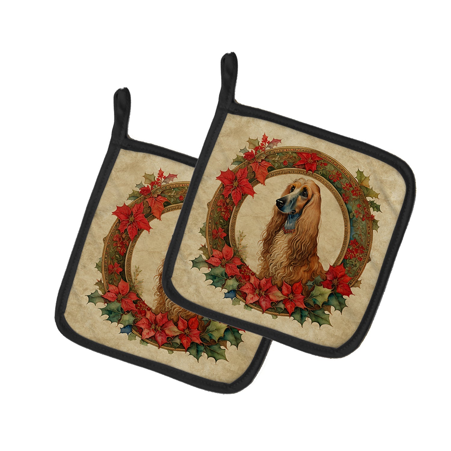Afghan Hound Christmas Flowers Pot Holder Set of 2 Heat Resistant Quilted Hot Pads 7.5 x 7.5 Inch, Insulated Kitchen Trivets for Cooking & Baking