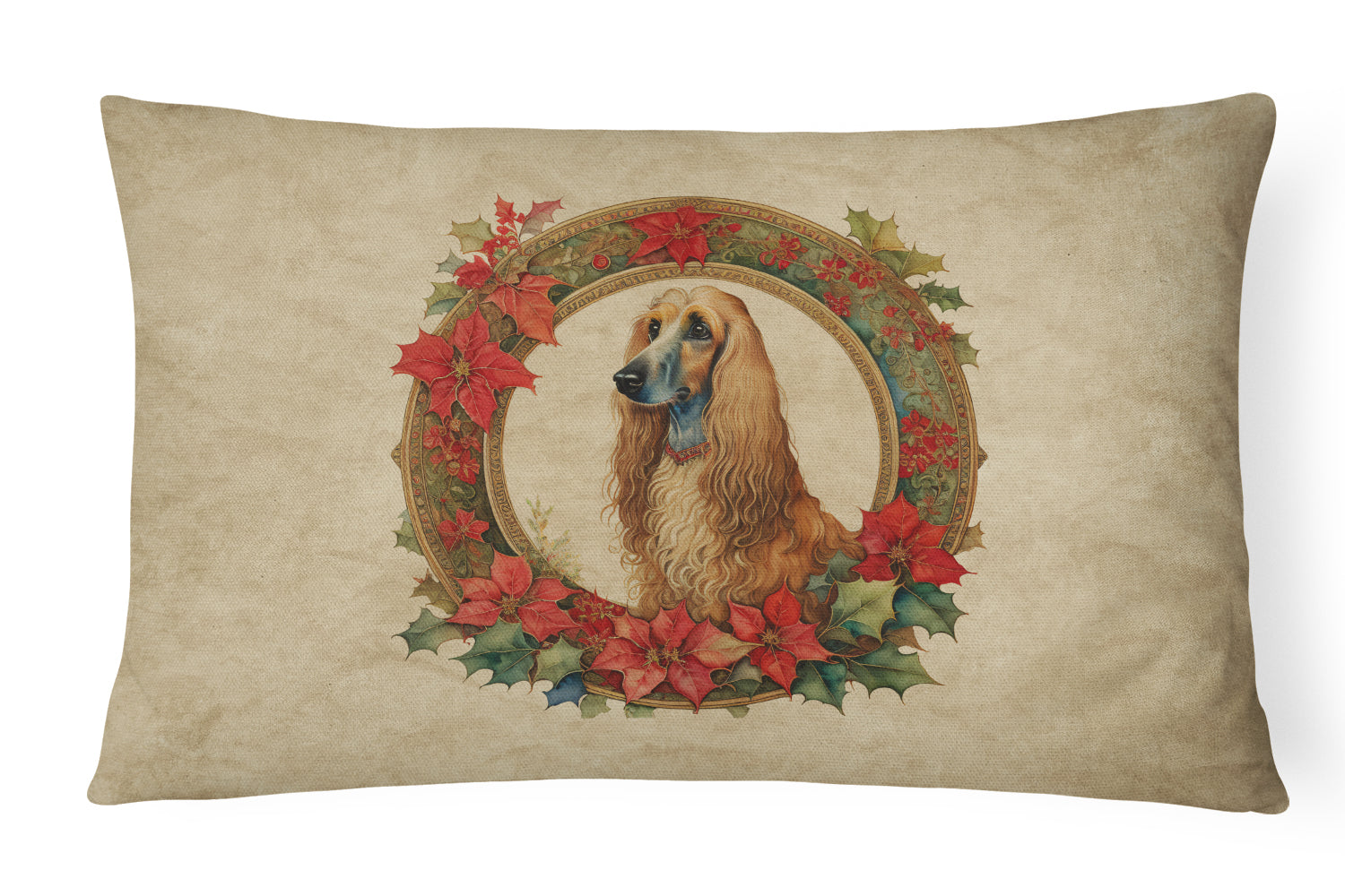 Afghan Hound Christmas Flowers Decorative Throw Pillow 12x16 Indoor Outdoor Accent Cushion, Fabric Cover with Insert for Sofa, Bed, Porch & Living Room