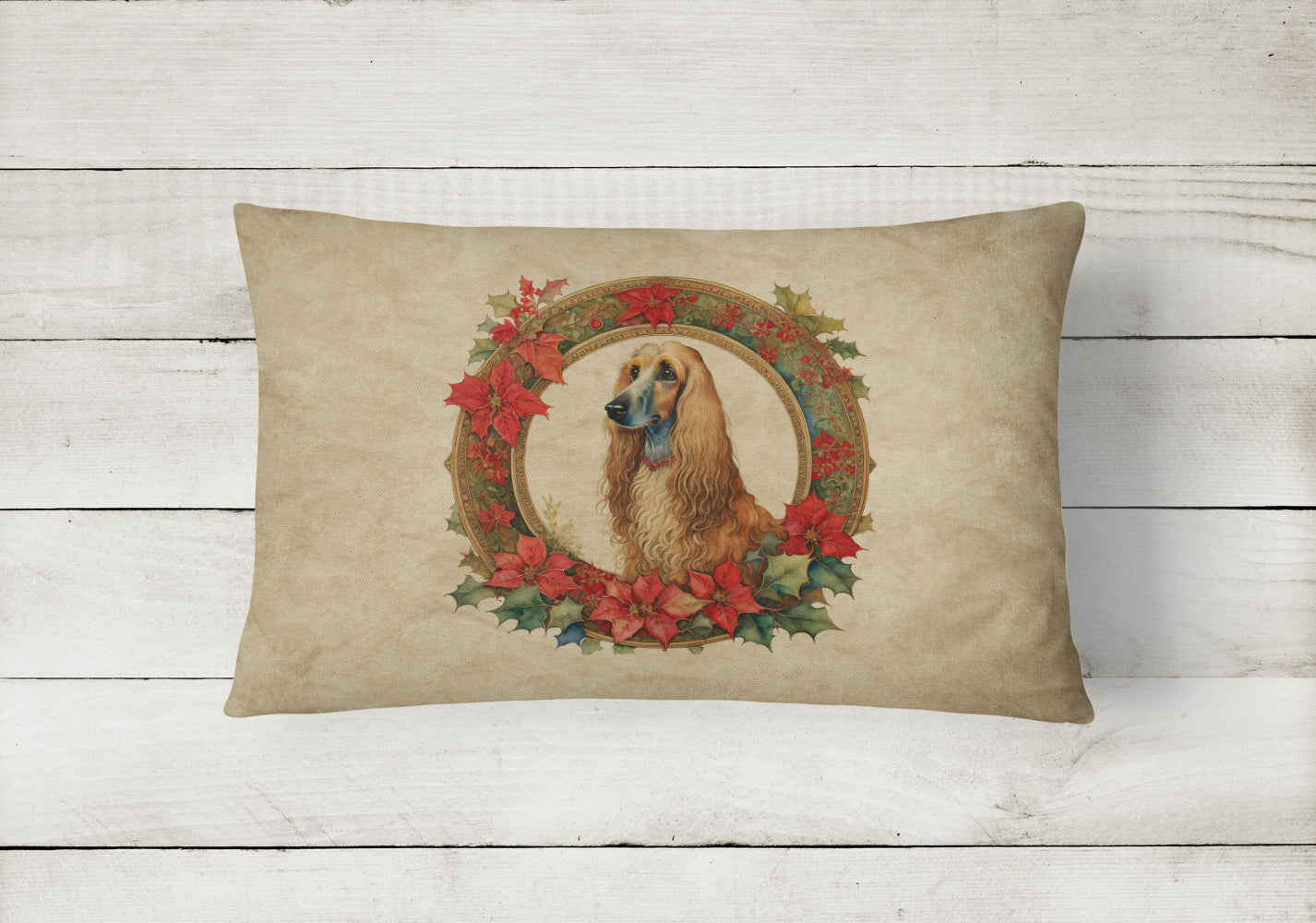 Afghan Hound Christmas Flowers Decorative Throw Pillow 12x16 Indoor Outdoor Accent Cushion, Fabric Cover with Insert for Sofa, Bed, Porch & Living Room