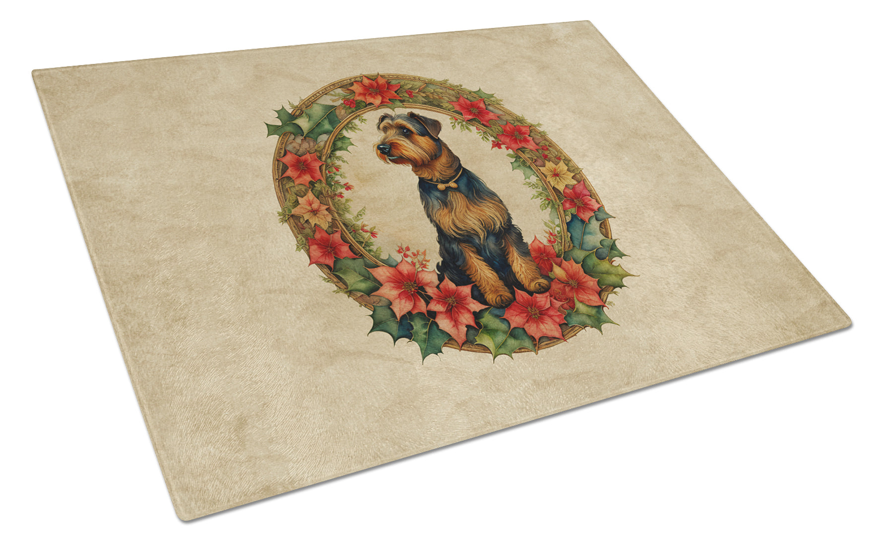 Airedale Terrier Christmas Flowers Cutting Board Tempered Glass Kitchen Cutting Surface, Heat Resistant Chopping, Non-Slip Feet, Food Prep & Serving