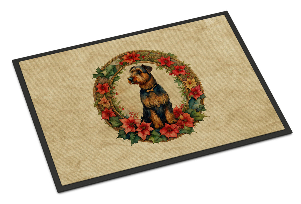 Airedale Terrier Christmas Flowers Doormat Indoor Outdoor 18H X 27W Front Door Mat Rugs for Entryway, Non Slip Washable