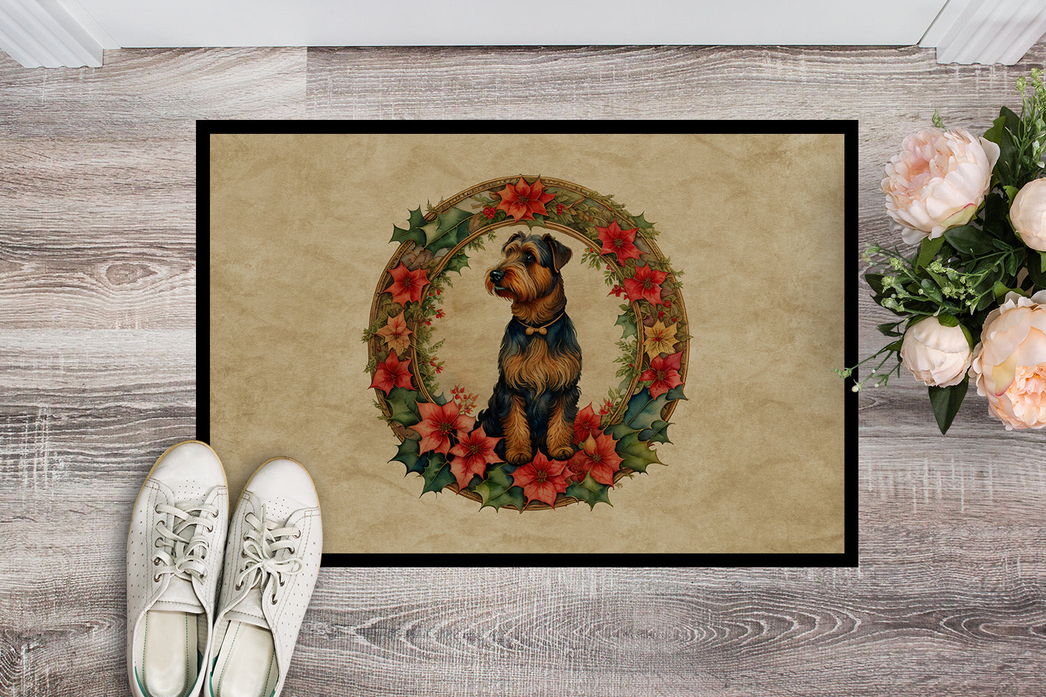 Airedale Terrier Christmas Flowers Doormat Indoor Outdoor 18H X 27W Front Door Mat Rugs for Entryway, Non Slip Washable