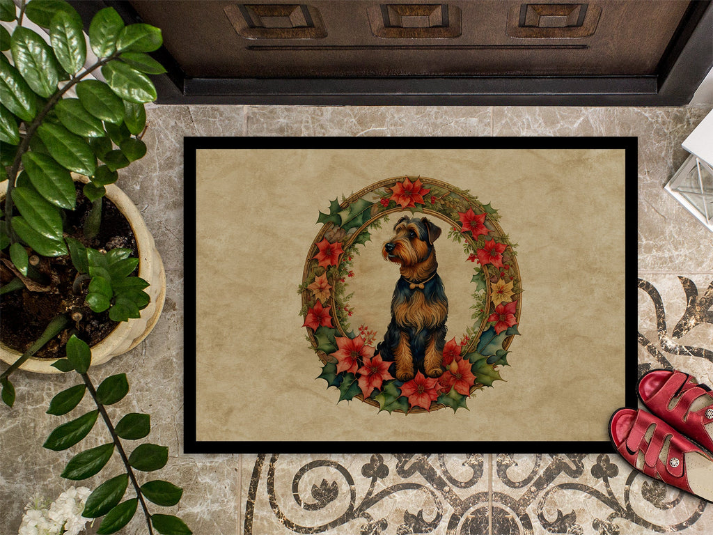 Airedale Terrier Christmas Flowers Doormat Indoor Outdoor 18H X 27W Front Door Mat Rugs for Entryway, Non Slip Washable