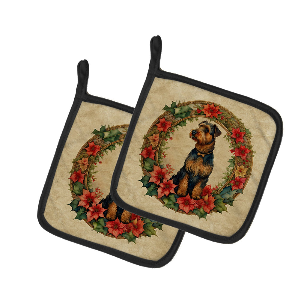 Airedale Terrier Christmas Flowers Pot Holder Set of 2 Heat Resistant Quilted Hot Pads 7.5 x 7.5 Inch, Insulated Kitchen Trivets for Cooking & Baking
