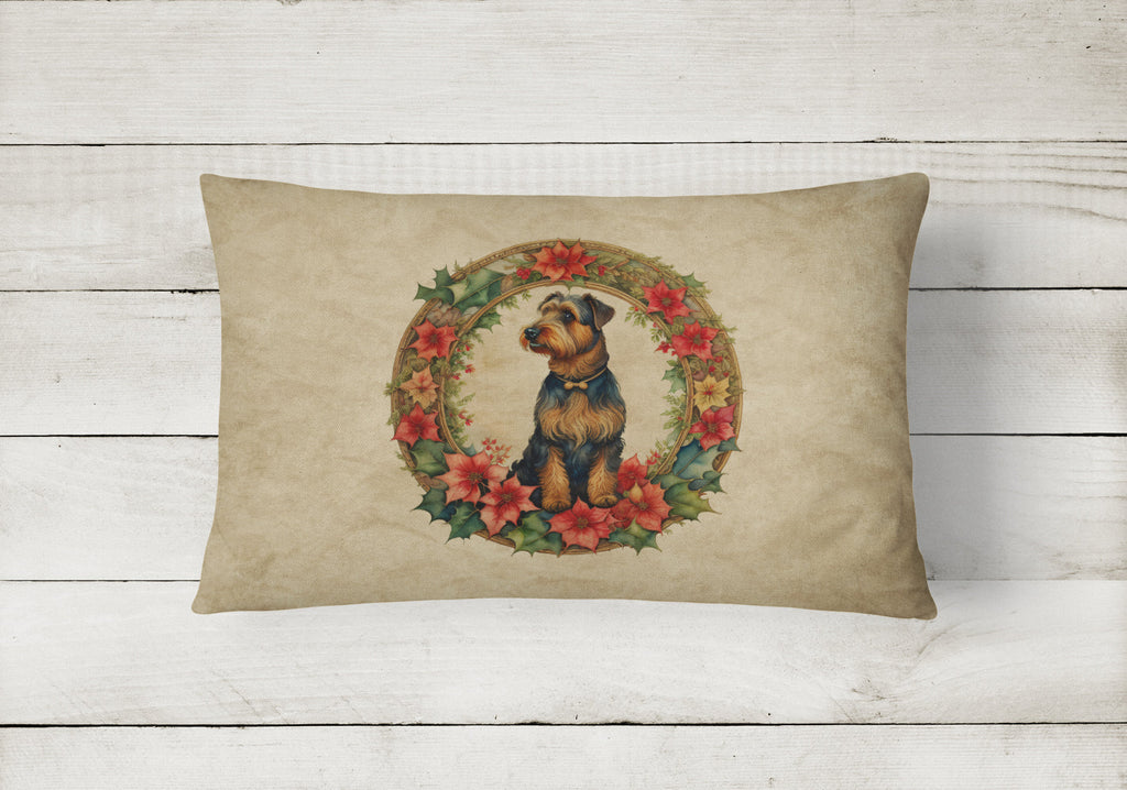 Airedale Terrier Christmas Flowers Decorative Throw Pillow 12x16 Indoor Outdoor Accent Cushion, Fabric Cover with Insert for Sofa, Bed, Porch & Living Room