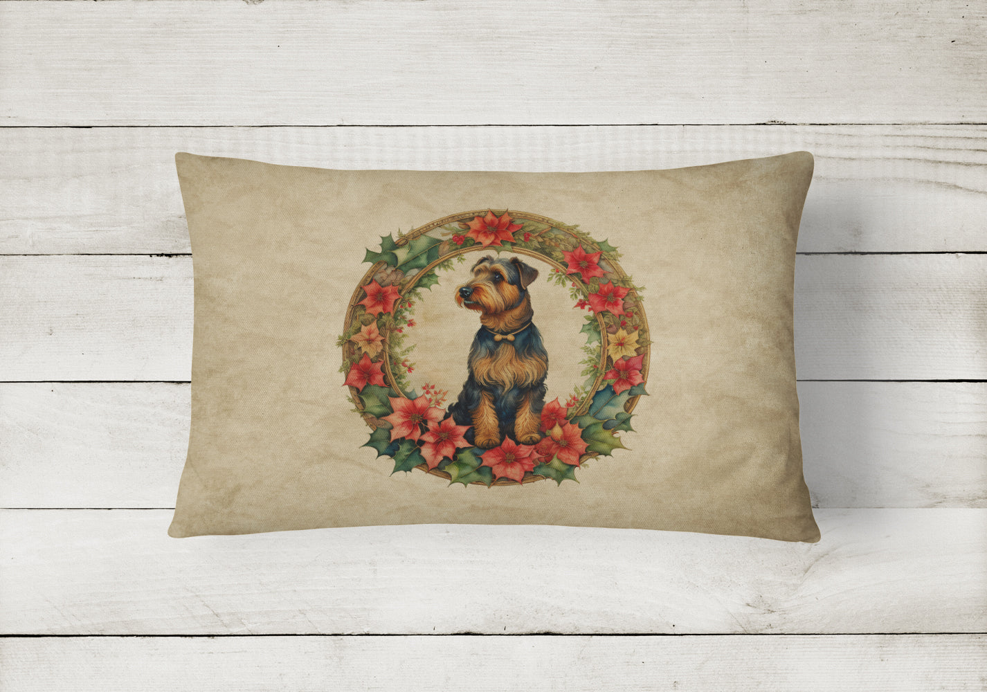 Airedale Terrier Christmas Flowers Decorative Throw Pillow 12x16 Indoor Outdoor Accent Cushion, Fabric Cover with Insert for Sofa, Bed, Porch & Living Room