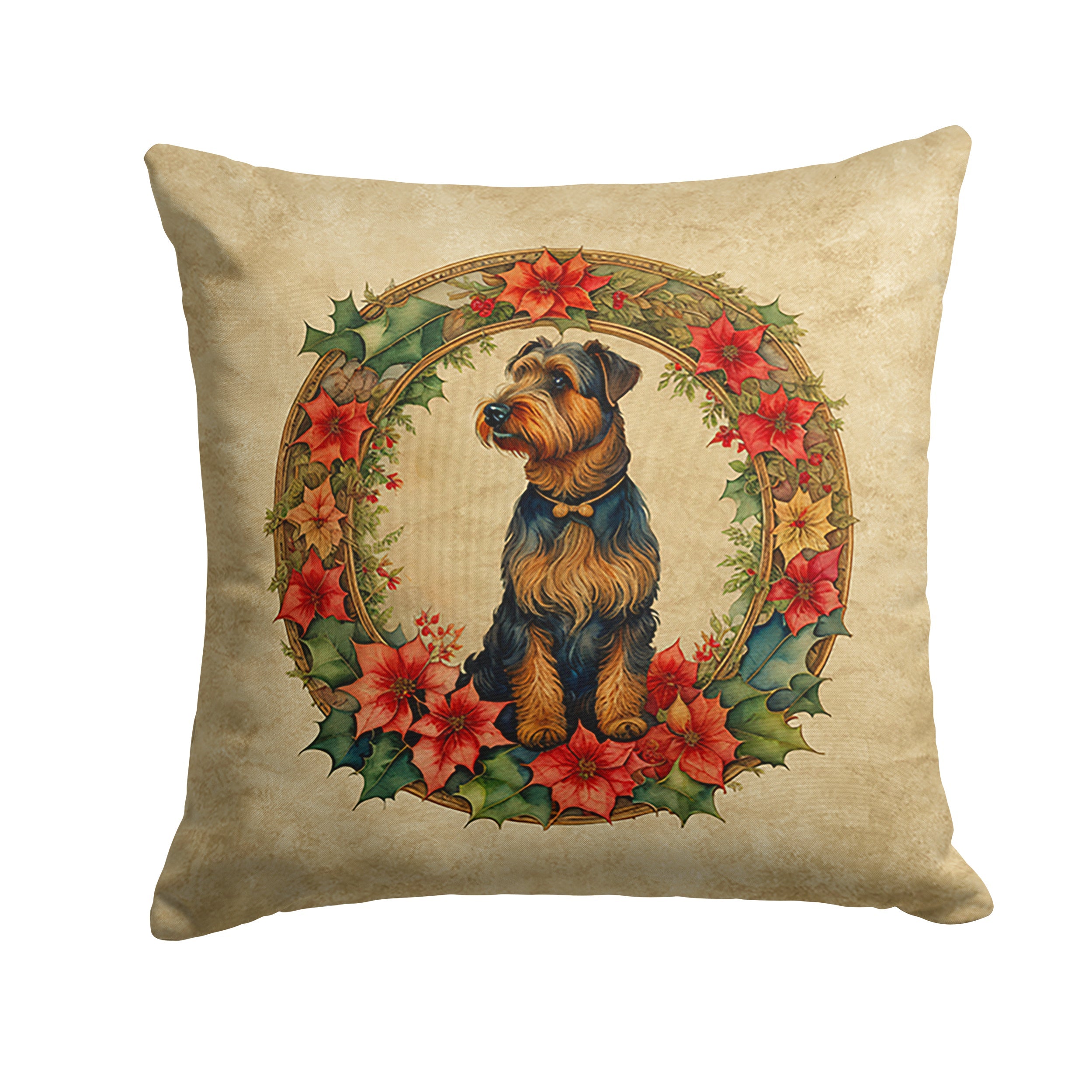 Airedale Terrier Christmas Flowers Decorative Throw Pillow 14x14 Indoor Outdoor Accent Cushion, Fabric Cover with Insert for Sofa, Bed, Porch & Living Room