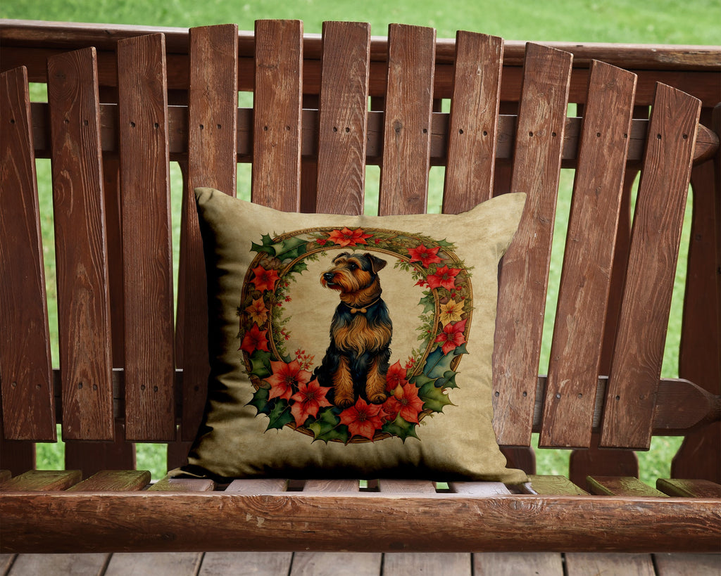 Airedale Terrier Christmas Flowers Decorative Throw Pillow 14x14 Indoor Outdoor Accent Cushion, Fabric Cover with Insert for Sofa, Bed, Porch & Living Room