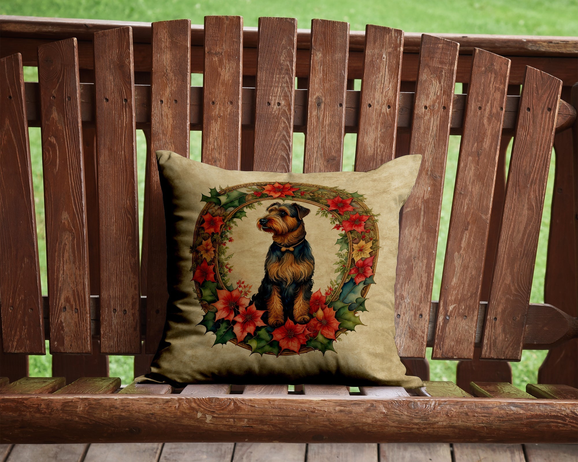 Airedale Terrier Christmas Flowers Decorative Throw Pillow 14x14 Indoor Outdoor Accent Cushion, Fabric Cover with Insert for Sofa, Bed, Porch & Living Room