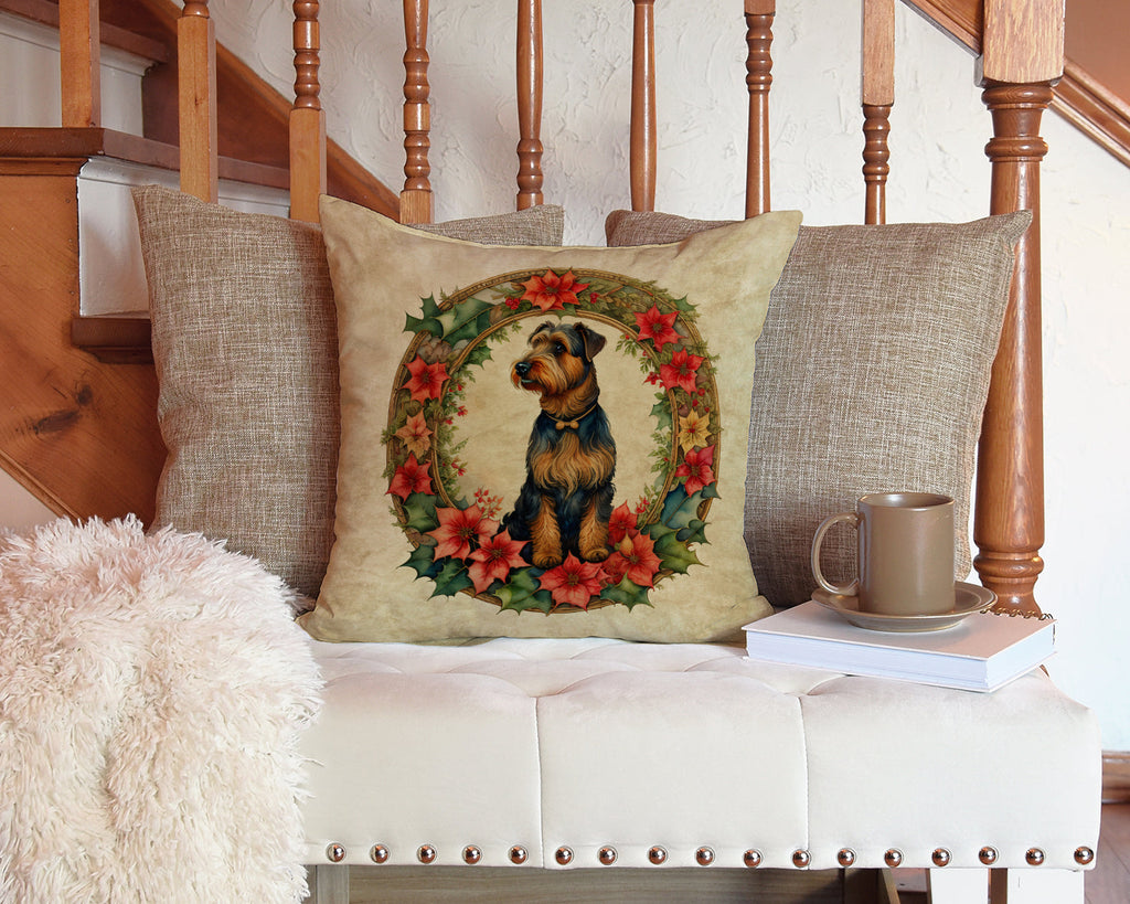Airedale Terrier Christmas Flowers Decorative Throw Pillow 14x14 Indoor Outdoor Accent Cushion, Fabric Cover with Insert for Sofa, Bed, Porch & Living Room
