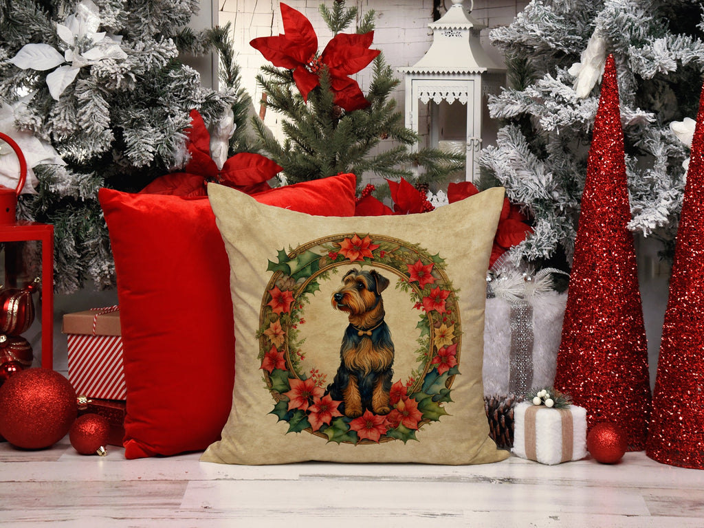 Airedale Terrier Christmas Flowers Decorative Throw Pillow 18x18 Indoor Outdoor Accent Cushion, Fabric Cover with Insert for Sofa, Bed, Porch & Living Room