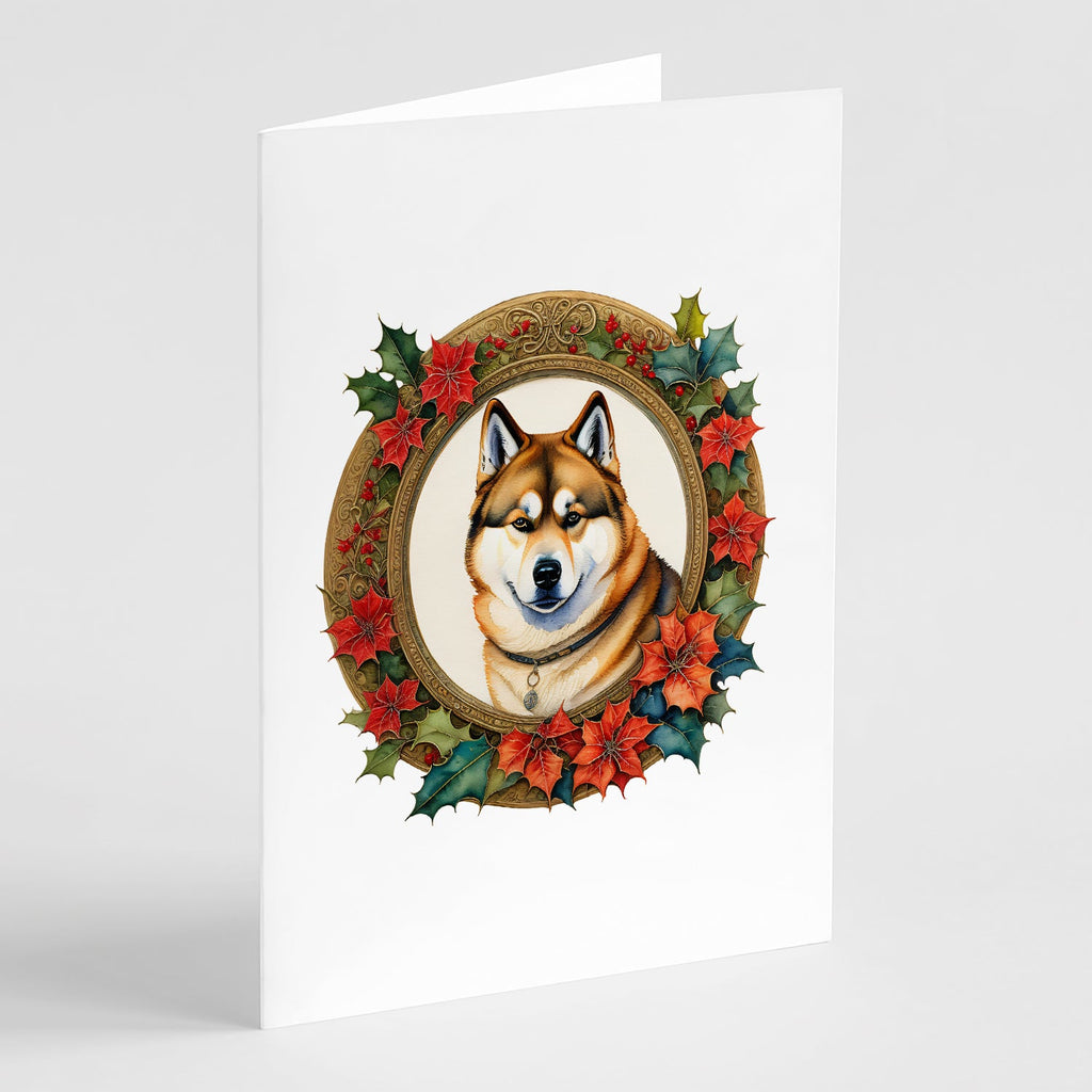 Akita Christmas Flowers Greeting Cards Pack of 8 Blank Cards with Envelopes Whimsical A7 Size 5x7