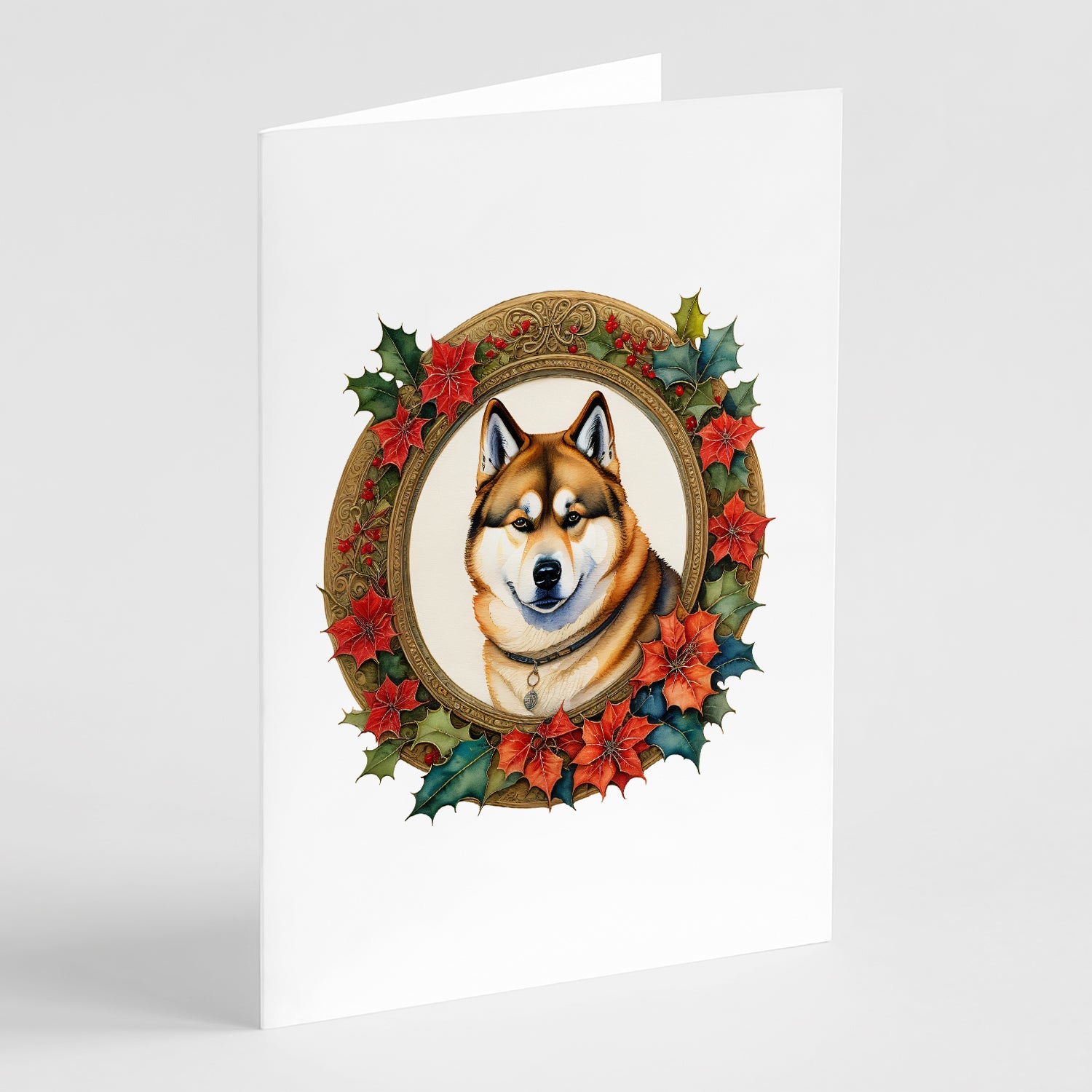 Akita Christmas Flowers Greeting Cards Pack of 8 Blank Cards with Envelopes Whimsical A7 Size 5x7