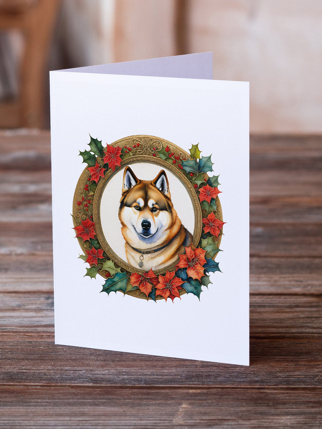 Akita Christmas Flowers Greeting Cards Pack of 8 Blank Cards with Envelopes Whimsical A7 Size 5x7