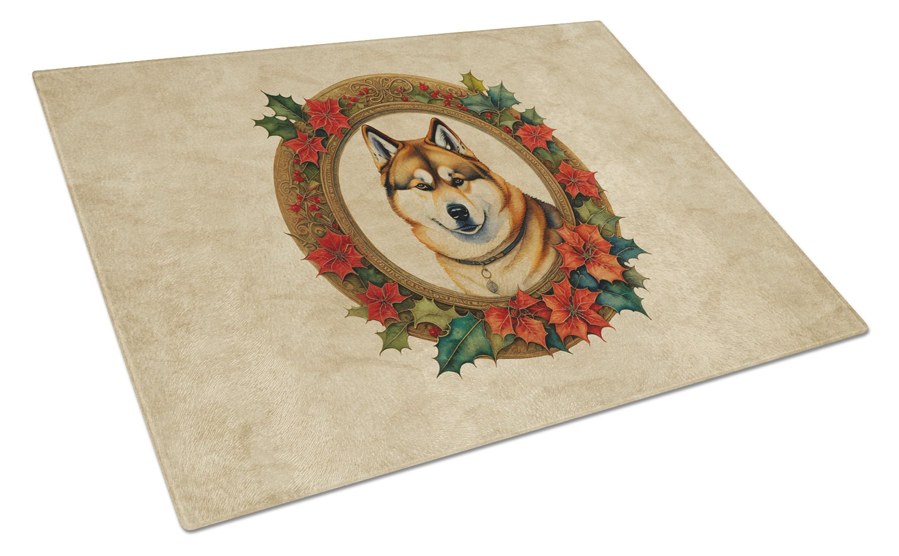 Akita Christmas Flowers Cutting Board Tempered Glass Kitchen Cutting Surface, Heat Resistant Chopping, Non-Slip Feet, Food Prep & Serving