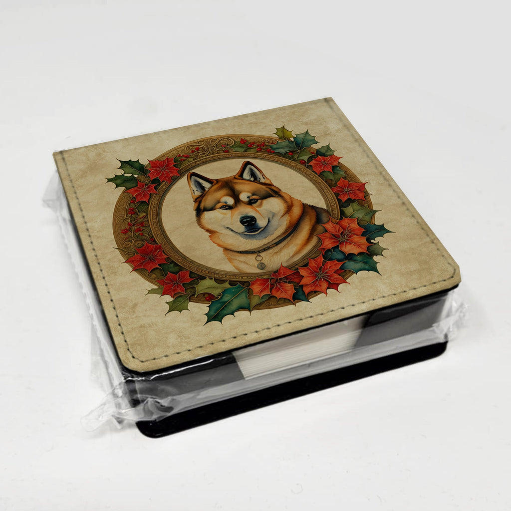 Akita Christmas Flowers PU Leather Note Paper Holder with Artist-Designed Cover, Desk Accessory, Office Gift