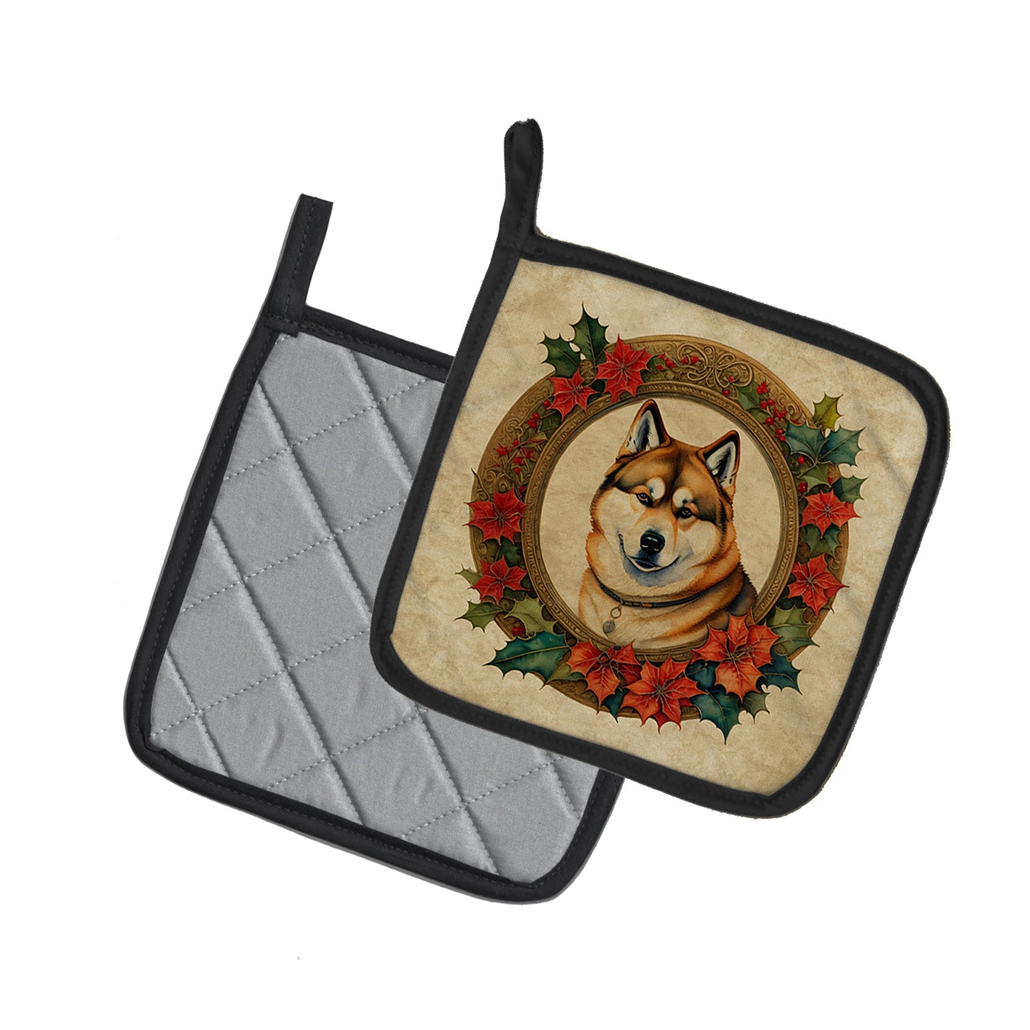 Akita Christmas Flowers Pot Holder Set of 2 Heat Resistant Quilted Hot Pads 7.5 x 7.5 Inch, Insulated Kitchen Trivets for Cooking & Baking