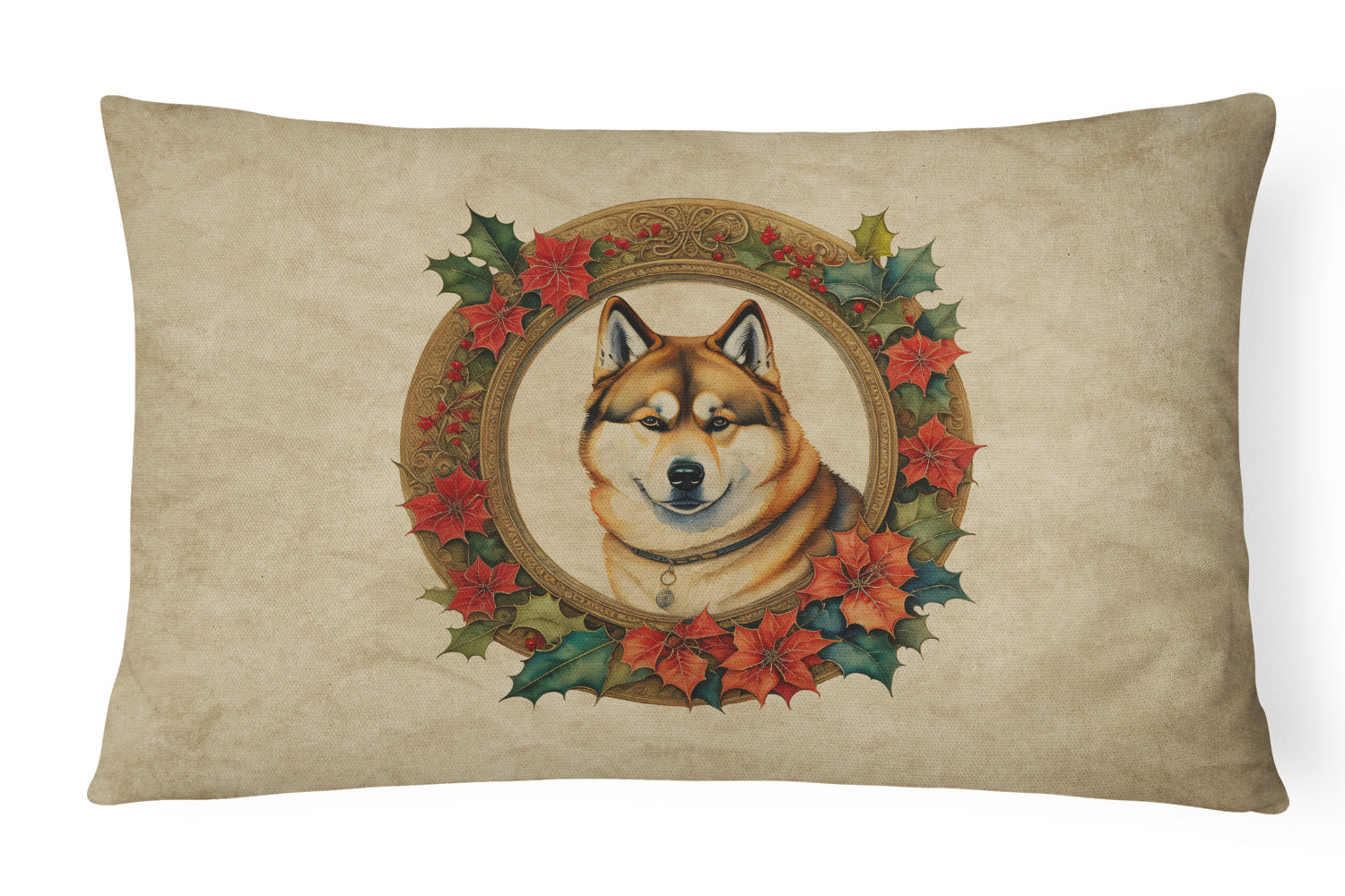 Akita Christmas Flowers Decorative Throw Pillow 12x16 Indoor Outdoor Accent Cushion, Fabric Cover with Insert for Sofa, Bed, Porch & Living Room