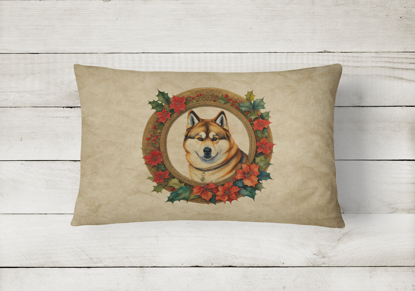 Akita Christmas Flowers Decorative Throw Pillow 12x16 Indoor Outdoor Accent Cushion, Fabric Cover with Insert for Sofa, Bed, Porch & Living Room