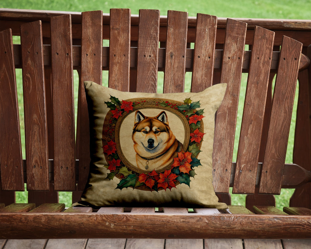Akita Christmas Flowers Decorative Throw Pillow 14x14 Indoor Outdoor Accent Cushion, Fabric Cover with Insert for Sofa, Bed, Porch & Living Room