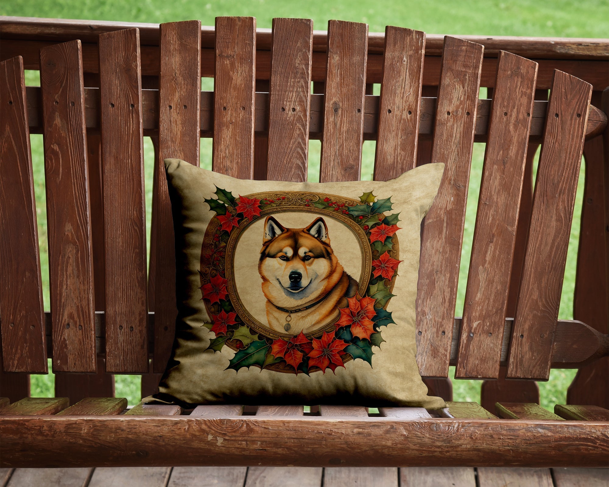 Akita Christmas Flowers Decorative Throw Pillow 14x14 Indoor Outdoor Accent Cushion, Fabric Cover with Insert for Sofa, Bed, Porch & Living Room