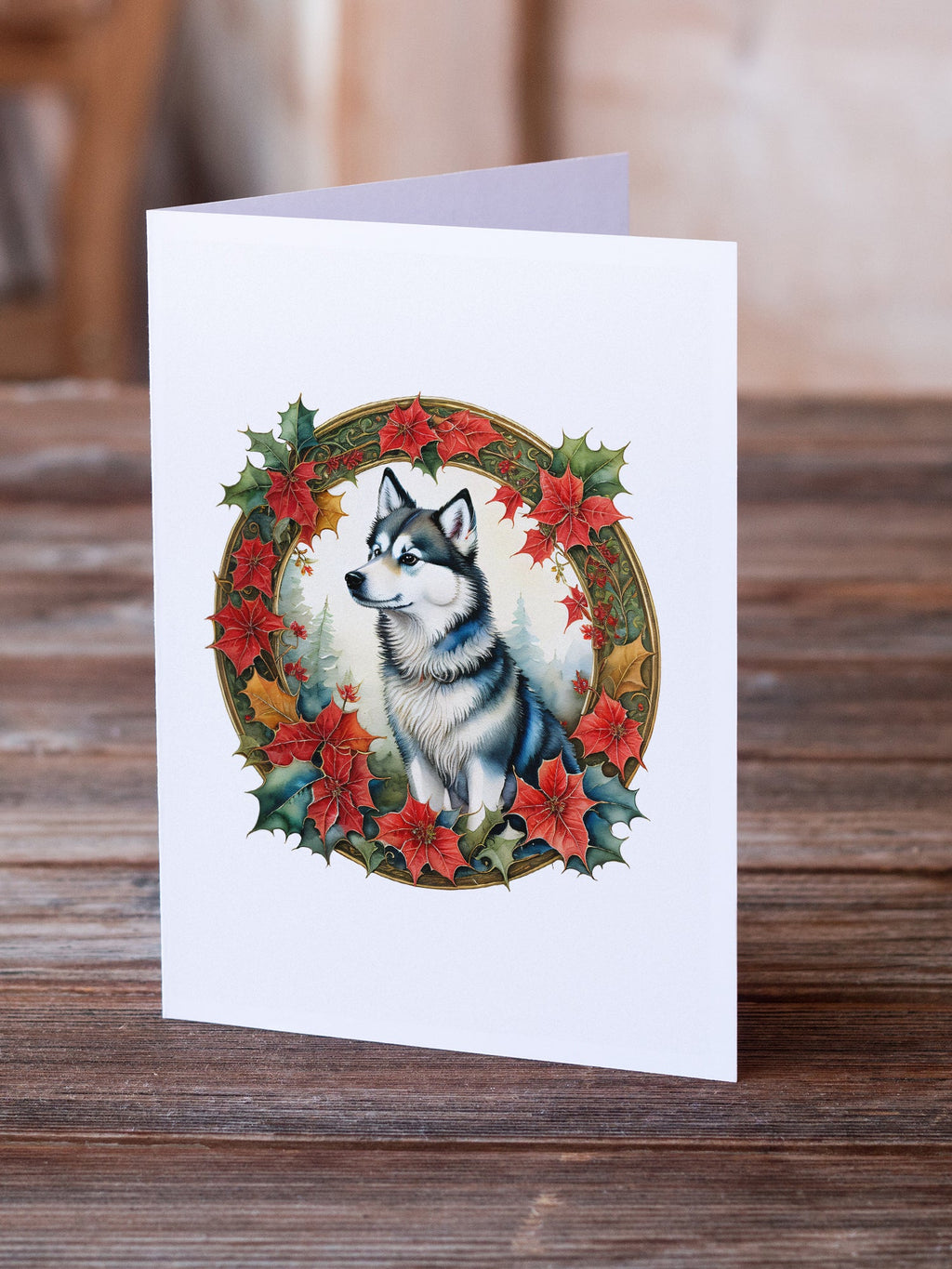 Alaskan Klee Kai Christmas Flowers Greeting Cards Pack of 8 Blank Cards with Envelopes Whimsical A7 Size 5x7