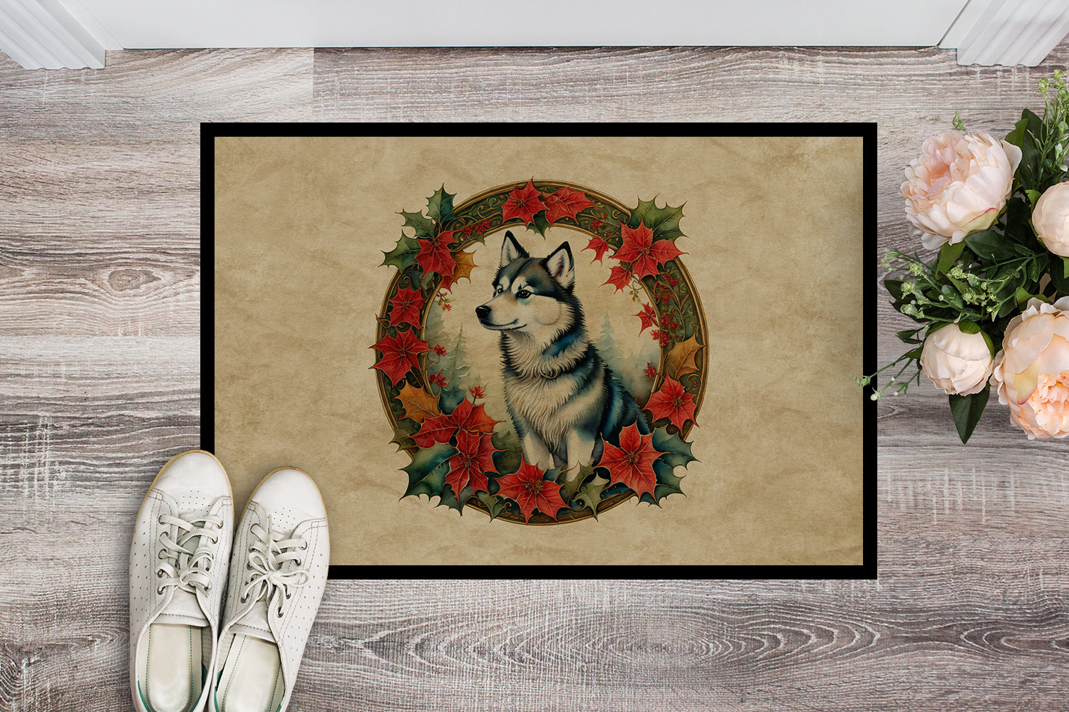 Alaskan Klee Kai Christmas Flowers Doormat Indoor Outdoor 24H X 36W Front Door Mat Rugs for Entryway, Non Slip Washable Low Pile,