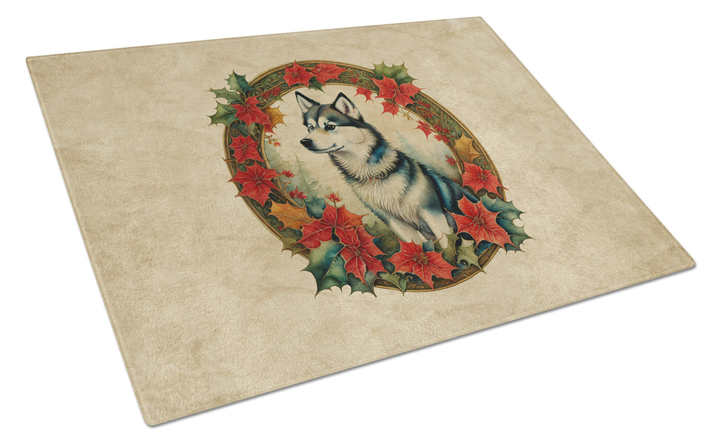Alaskan Klee Kai Christmas Flowers Cutting Board Tempered Glass Kitchen Cutting Surface, Heat Resistant Chopping, Non-Slip Feet, Food Prep & Serving