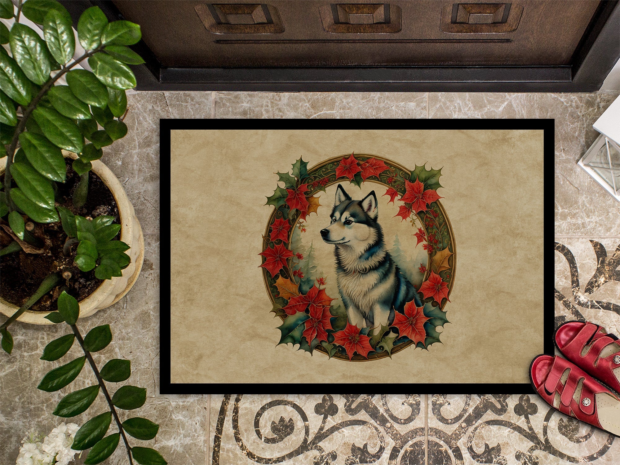 Alaskan Klee Kai Christmas Flowers Doormat Indoor Outdoor 18H X 27W Front Door Mat Rugs for Entryway, Non Slip Washable