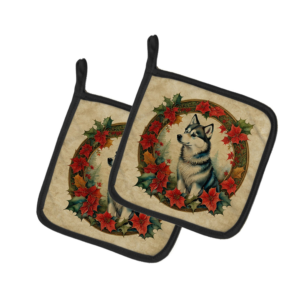 Alaskan Klee Kai Christmas Flowers Pot Holder Set of 2 Heat Resistant Quilted Hot Pads 7.5 x 7.5 Inch, Insulated Kitchen Trivets for Cooking & Baking