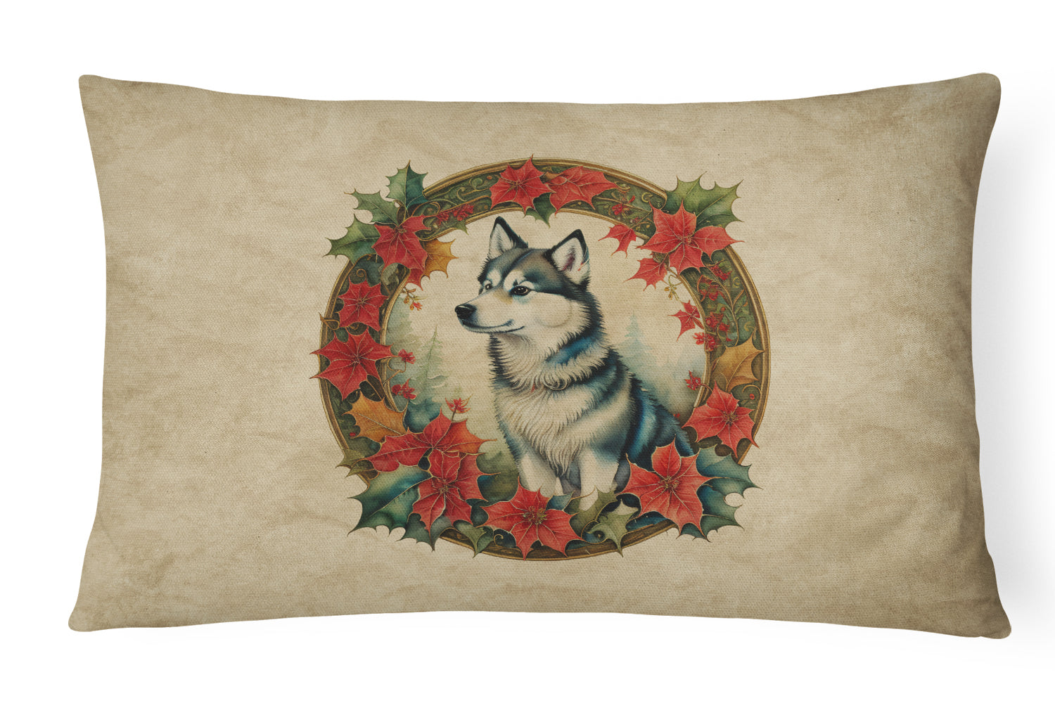 Alaskan Klee Kai Christmas Flowers Decorative Throw Pillow 12x16 Indoor Outdoor Accent Cushion, Fabric Cover with Insert for Sofa, Bed, Porch & Living Room