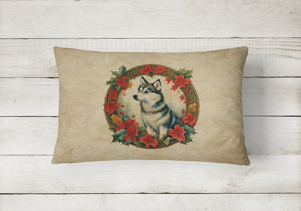 Alaskan Klee Kai Christmas Flowers Decorative Throw Pillow 12x16 Indoor Outdoor Accent Cushion, Fabric Cover with Insert for Sofa, Bed, Porch & Living Room