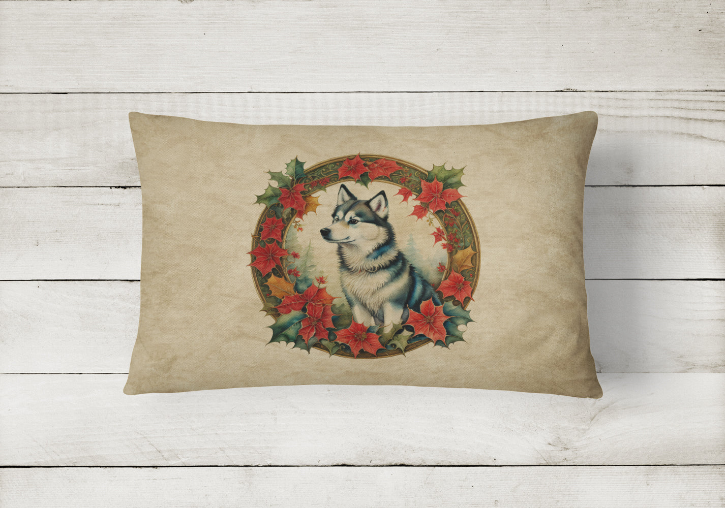 Alaskan Klee Kai Christmas Flowers Decorative Throw Pillow 12x16 Indoor Outdoor Accent Cushion, Fabric Cover with Insert for Sofa, Bed, Porch & Living Room