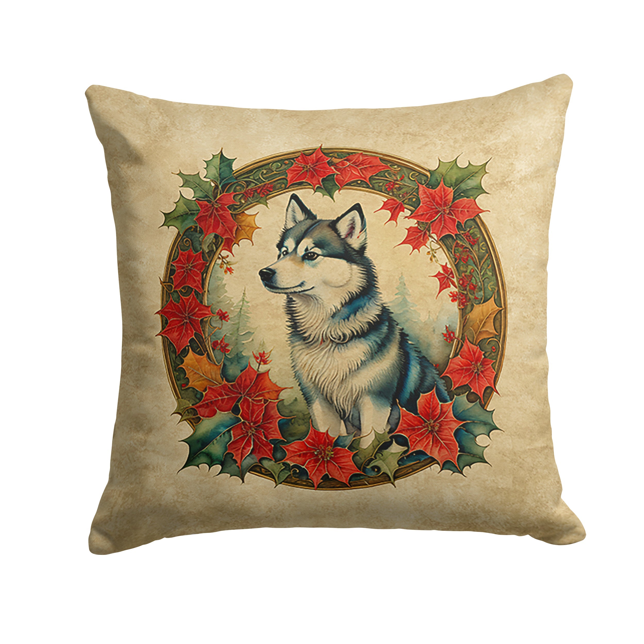 Alaskan Klee Kai Christmas Flowers Decorative Throw Pillow 14x14 Indoor Outdoor Accent Cushion, Fabric Cover with Insert for Sofa, Bed, Porch & Living Room