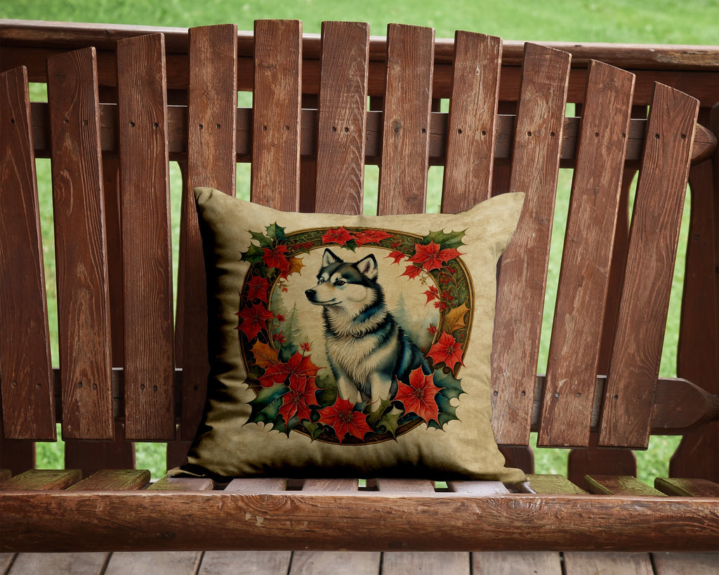 Alaskan Klee Kai Christmas Flowers Decorative Throw Pillow 14x14 Indoor Outdoor Accent Cushion, Fabric Cover with Insert for Sofa, Bed, Porch & Living Room